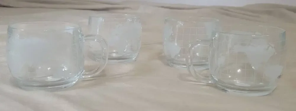 4 Glass Cups with Globe Pattern From Colonial Cupboard, Made in Japan